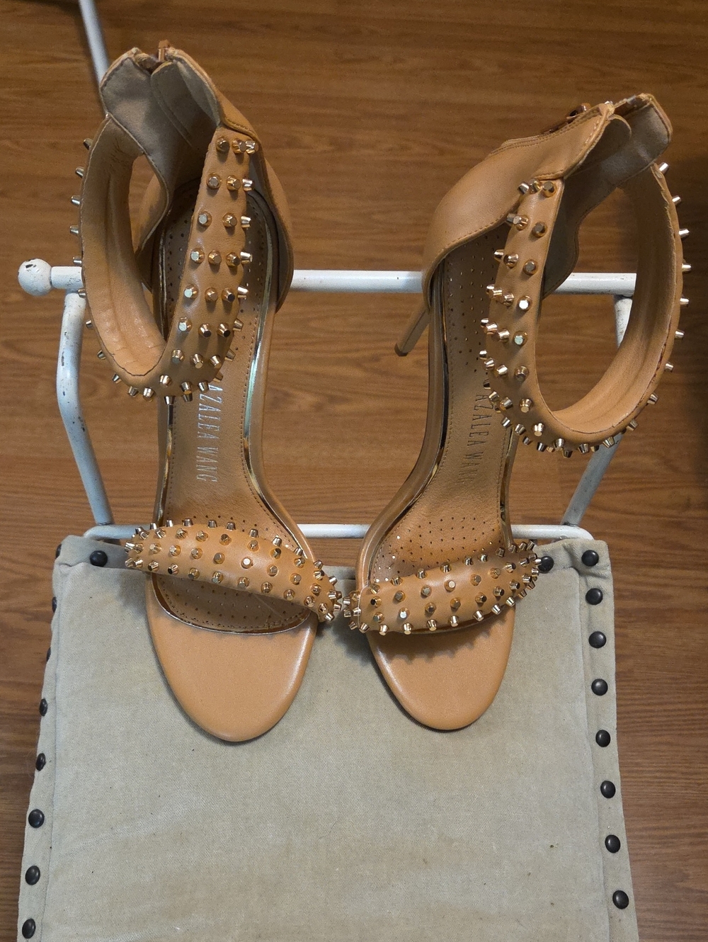 Studded Tan Ankle-Strap Women's Heels